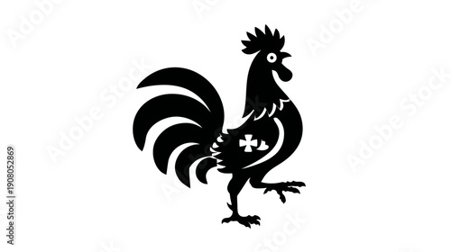 A black silhouette of a stylized rooster standing proud with a cross shape on its chest