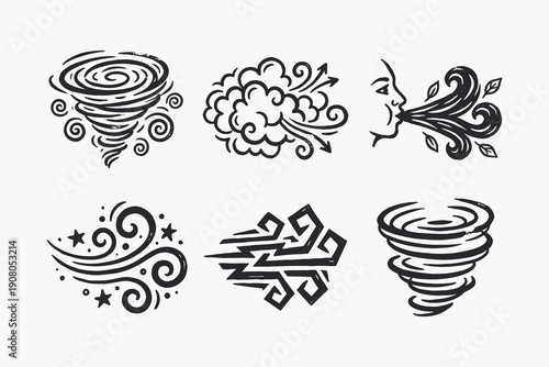 Set of Hand-Drawn Doodle Icons Representing Wind, Tornadoes, and Air Movement