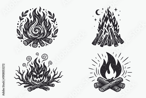 Four Stylized Campfire Illustrations Set in Vintage Hand-Drawn Woodcut Style