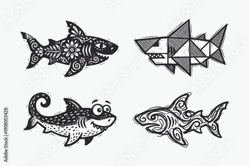 Four Stylized Sharks Vector Set: Linocut Printmaking Style with Decorative Patterns