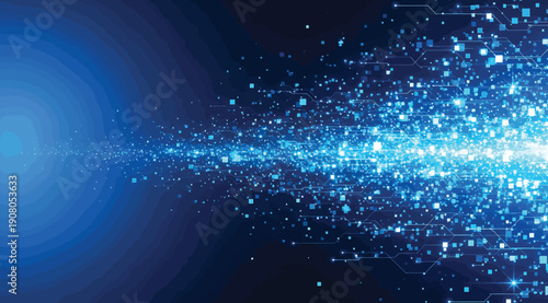 A bright blue light streaks across a dark background