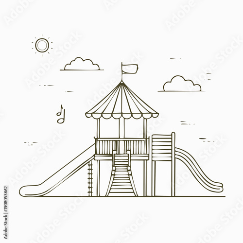 Simple line drawing of a children's playground with a playhouse and slide.