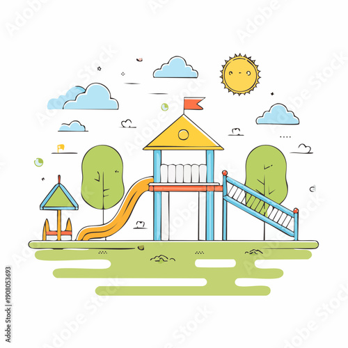 Colorful children's playground with playhouse and slide.