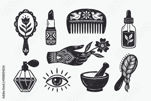 Vintage Linocut Style Beauty, Wellness, and Witchcraft Icon Collection on White