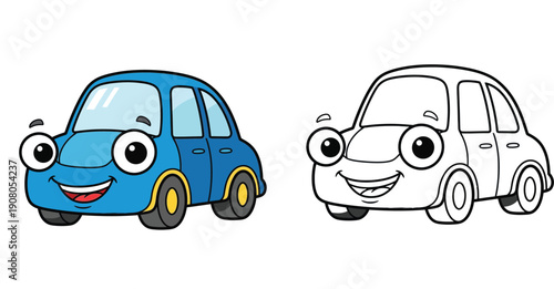 Cute cartoon blue car character and black and white outline for coloring book page. Vector illustration of happy vehicle isolated on white background.