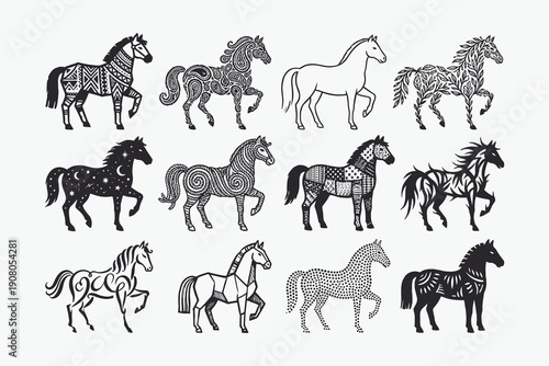 Collection of Decorative Black and White Horse Illustrations with Various Folk Art Patterns