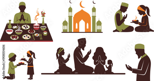 Ramadan illustration set, family prayer, mosque with crescent moon, iftar food sharing, children generosity, Islamic worship, fasting tradition, cultural religious vector art