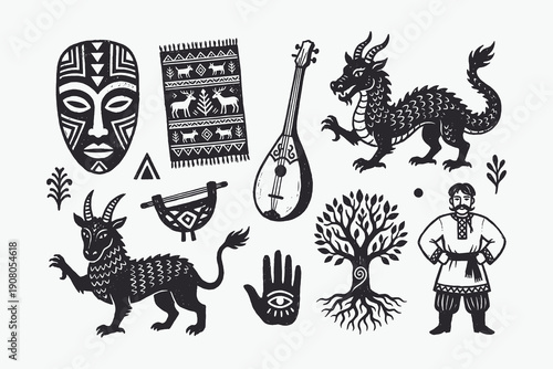 Vintage Vector Collection of Traditional Folklore Symbols, Mythological Creatures, and Cultural Icons.
