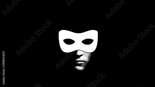 A white mask covering part of a face, with eyes visible.  Dark background. Grayscale