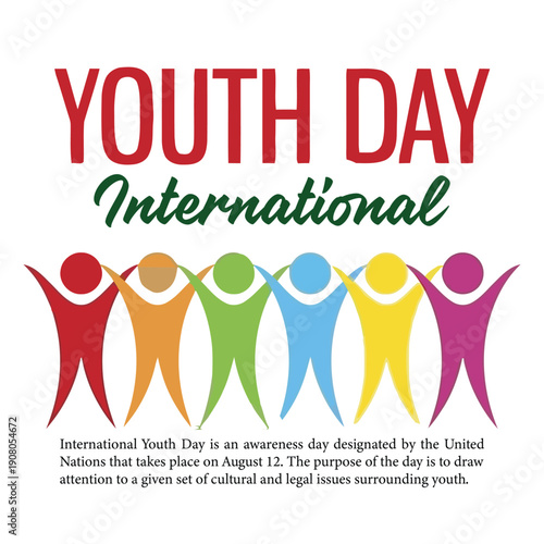 Colorful graphic celebrating international youth day featuring stylized figures standing together holding hands representing global unity and support for young people everywhere.