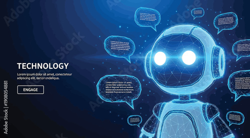 A blue robot with glowing eyes and speech bubbles