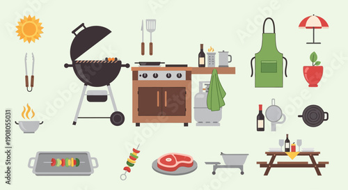 Collection of Barbecue and Picnic Flat Design Icons