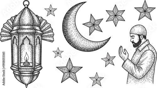 Islamic Ramadan illustration, lantern with flame, crescent moon and stars, person praying in traditional attire, cultural religious symbolism, spiritual fasting observance vector