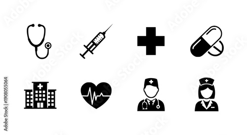Medical Professional Icons Featuring Doctor Nurse Stethoscope Heartbeat Hospital Building and Pharmaceutical Pill Symbols Set