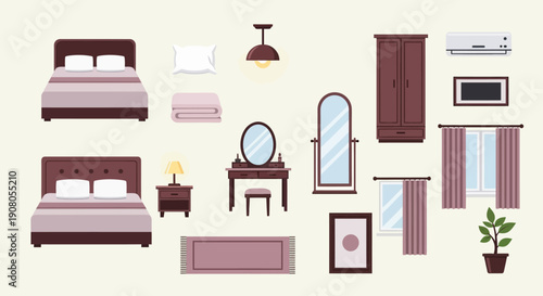 Modern bedroom furniture and home decor items in flat vector style.