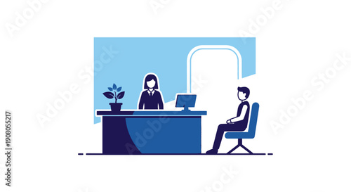 Professional business meeting or customer service interaction at an office desk.