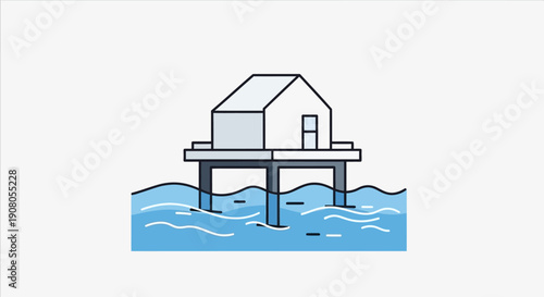 Minimalist stilt house over calm blue water.