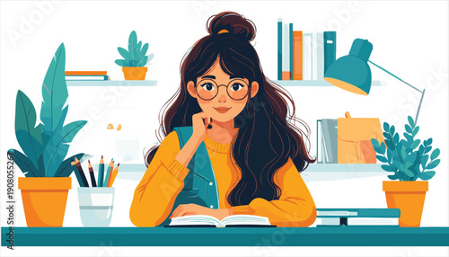 Illustration of a young woman reading a book at her desk surrounded by plants Page