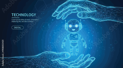 A glowing blue robot is being protected by two hands