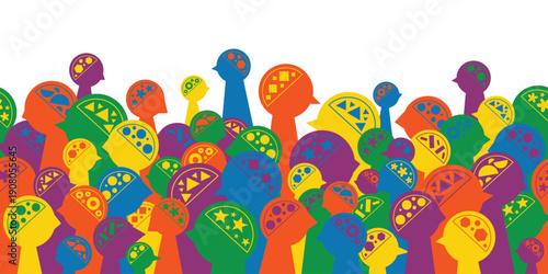 Neurodiversity and mental health seamless banner. Human head silhouettes, brain shapes, inclusion and diversity concept. Vector illustration