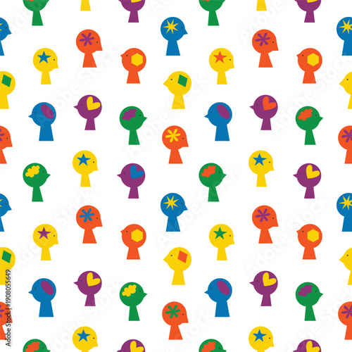 Neurodiversity and mental health seamless pattern. Human head silhouettes, brain shapes, inclusion and diversity concept. Flat vector.