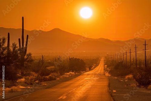 Sun-drenched desert highway stretching endlessly towards distant mountains at sunset