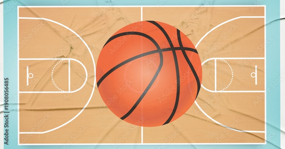 Fototapeta premium Composition of basketball over basketball court distressed background