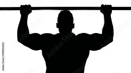 Silhouetted figure of a person performing a pull-up, arms extended, emphasizing muscles