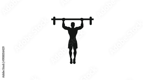 Silhouetted figure pulling up on a bar. Shows a person with muscular build doing exercise