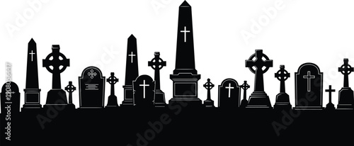 Black cemetery graveyard silhouette with tombstones crosses and obelisks icons set, graveyard cad drawing flat vector illustration for spooky funeral design