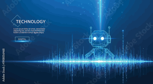 A futuristic robot with glowing blue eyes and technology background