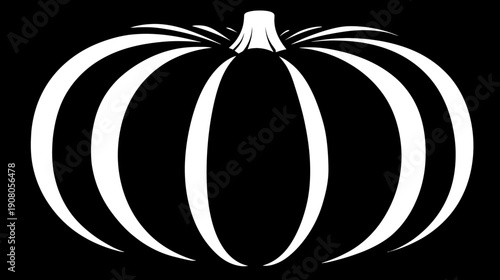 Black and white illustration of a stylized pumpkin. Features sections and a stem