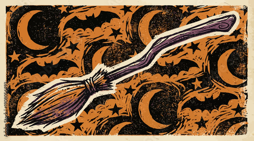 Vintage Woodcut Halloween Broomstick Flying Over Spooky Night Sky Pattern with Bats, Crescent Moons, and Stars.