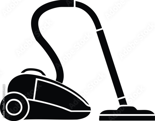 Stylized Home Appliance Vector for Cleaning Services, Monochrome Graphic of a Vacuum with Hose and Suction Head, Modern Canister Vacuum Cleaner Silhouette Icon, vector, illustration, silhouette.