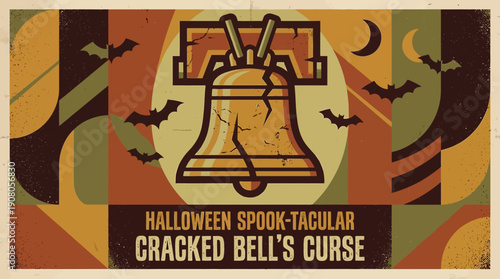 Vintage Halloween Cracked Bell Poster: Spooky Retro Illustration of Liberty Bell Curse, Bats, and Grunge Texture
