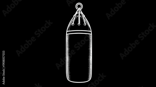 Black background with a white sketched punching bag. Top is looped with chain and ring
