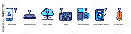 Connected Household web banner illustration featuring Smartphone, Wireless Keyboard, Cloud Server, Camera, Smart Refrigerator, Smart Washing Machine, and Wireless Mouse.