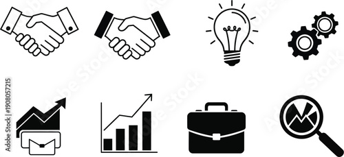 Set of simple business icons in black and white: handshake, light bulb, gears, bar chart, briefcase, magnifying glass.