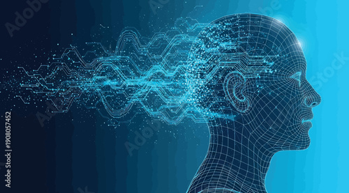 A digital human head with data flowing out of it