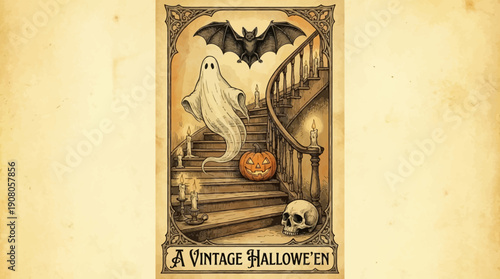 Vintage Halloween Illustration: Spooky Ghost, Flying Bat, Jack-o'-Lantern, and Skull on a Haunted Staircase.