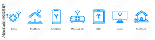 Smart Living Devices web banner illustration featuring Setting, Smart Home, Smartphone, Movie Projector, Tablet, Monitor, and Smart Home.