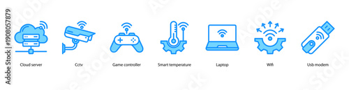Digital Mobility web banner illustration featuring Cloud Server, CCTV, Game Controller, Smart Temperature, Laptop, Wifi, and USB Modem.