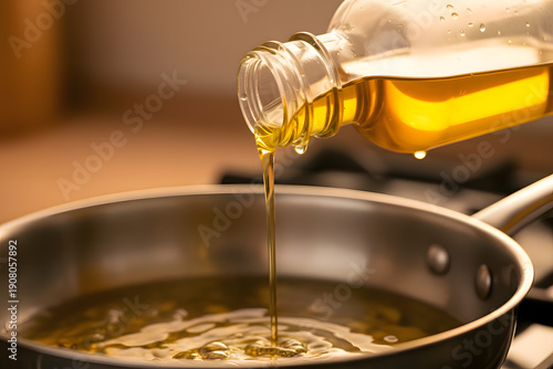 Wallpaper Mural Golden oil pouring into stainless steel pan for cooking Torontodigital.ca