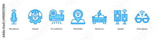 Future Tech Devices web banner illustration featuring Microphone, Internet, Air Conditioner, Placeholder, Electric Car, Speaker, and Smart Glasses.