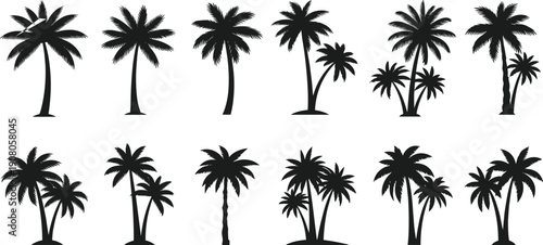 Silhouette illustration of palm trees in various shapes and clusters, tropical beach island nature icon design concept for travel, flat vector illustration