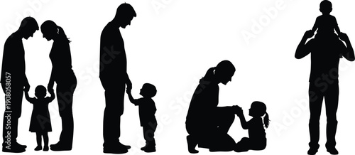 Silhouette illustration of parents interacting with children, family bonding care relationship icon design concept for parenting lifestyle unity love, flat vector illustration