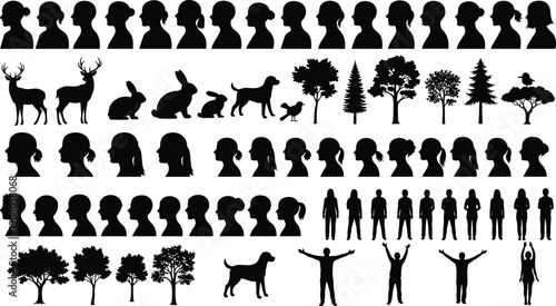 Silhouette illustration of people animals and trees, diverse profiles hairstyles wildlife nature lifestyle icon design concept for art, flat vector illustration