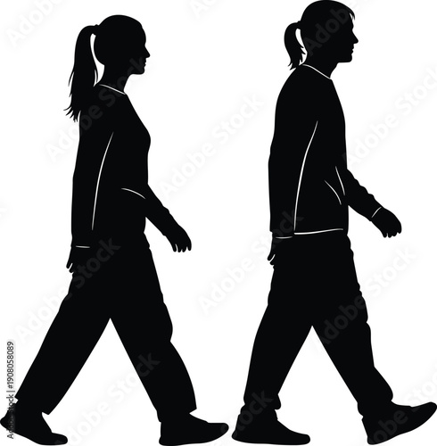 Silhouette illustration of two people walking side by side, casual clothing ponytail hairstyle companionship travel daily activity icon concept, flat vector illustration