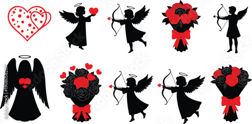 Valentine’s Day vector, angel with heart, romantic roses bouquet, cupid silhouette, love celebration design, festive illustration, romance art - flat vector illustration