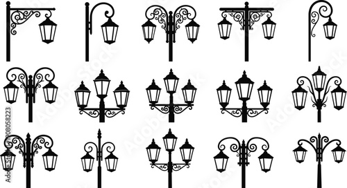 Vintage street lamp silhouettes, urban infrastructure vector, decorative lantern design, architectural detail art, classic ironwork illustration - flat vector illustration